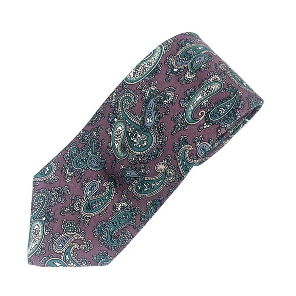 Vintage Rooster Silk Tie Paisley Purple Green Blue Made in USA Hand Printed Ital - Picture 1 of 6